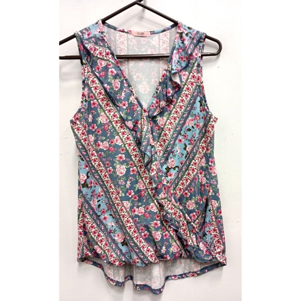 P.S Love Womens Tank Top Medium Pink Green Floral BOHO Ruffe Crossover Front